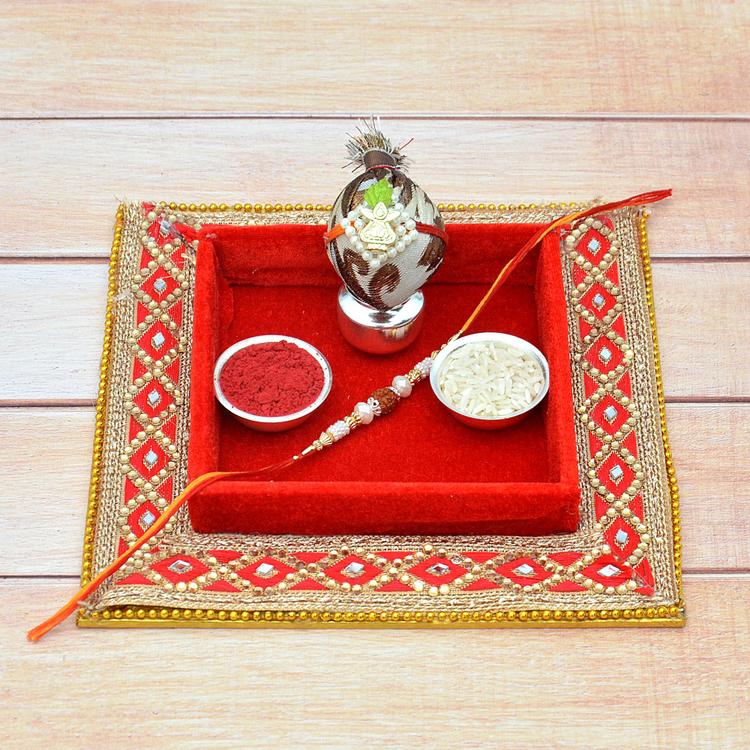 Rakhi Red Designer Puja Thali with Swastik Rakhi