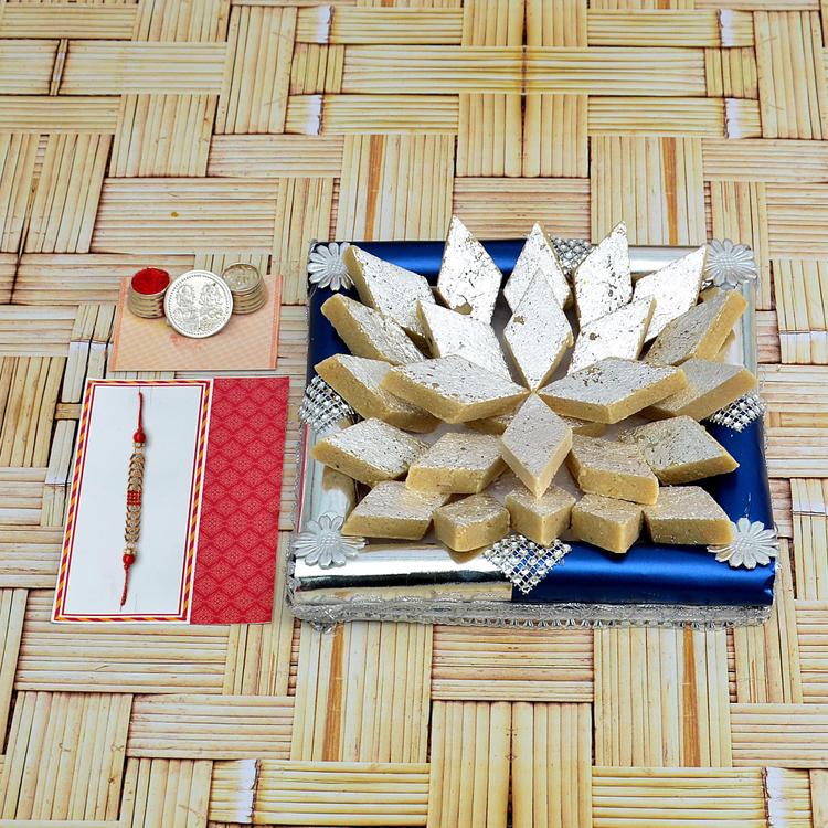 Rakhi Sweets Thali - Kaju Barfi, Thali and Rakhi