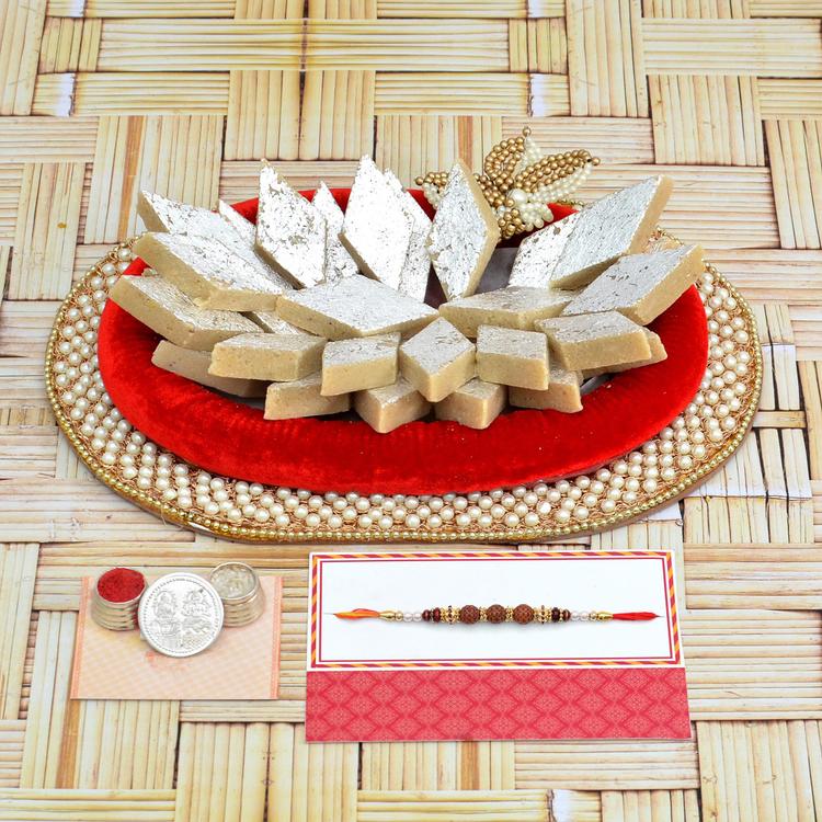 Rakhi Sweets Thali - Kaju Barfi with Thali and Rakhi