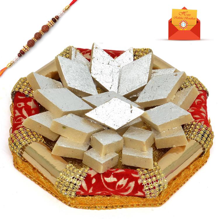 Kaju Barfi in Golden Cuboid Tray & Rakhi