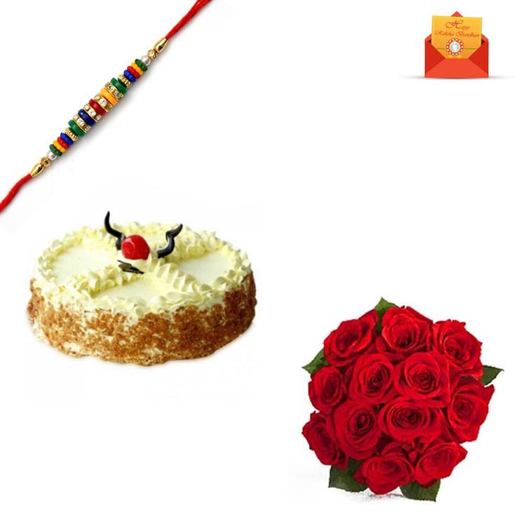 Artistic Flowers And Cake With Rakhi