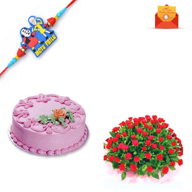 Splendid Roses and Cake with Rakhi