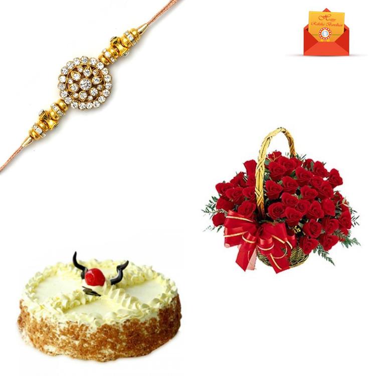 Rakhi Express - Elegant Flowers And Cake With Rakhi