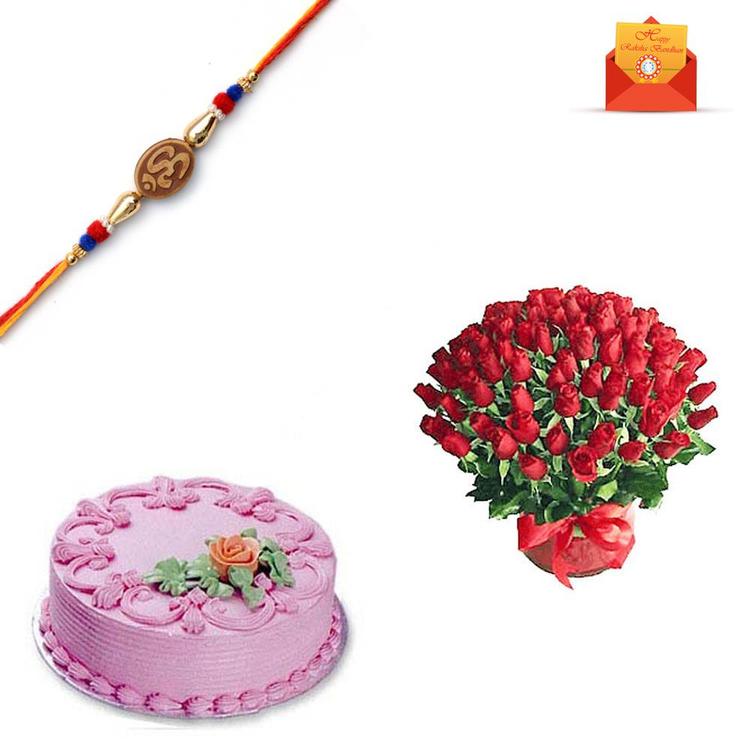 Rakhi Express - Strawberry Cake and Roses with Rakhi