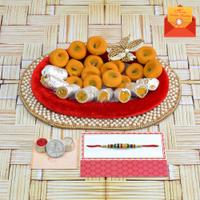 Rakhi Express Sweets Thali - Kesaria Peda in a Thali with Rakhi