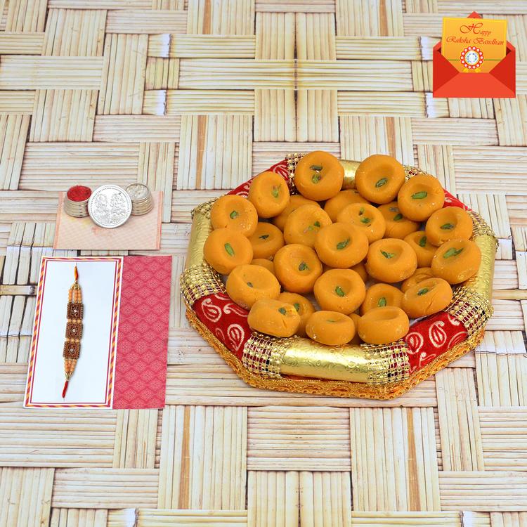 Rakhi Express Sweets Thali - Kesaria Peda with Thali and Rakhi