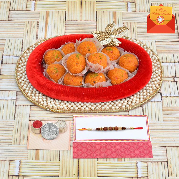 Motichur Laddu with Thali and Rakhi