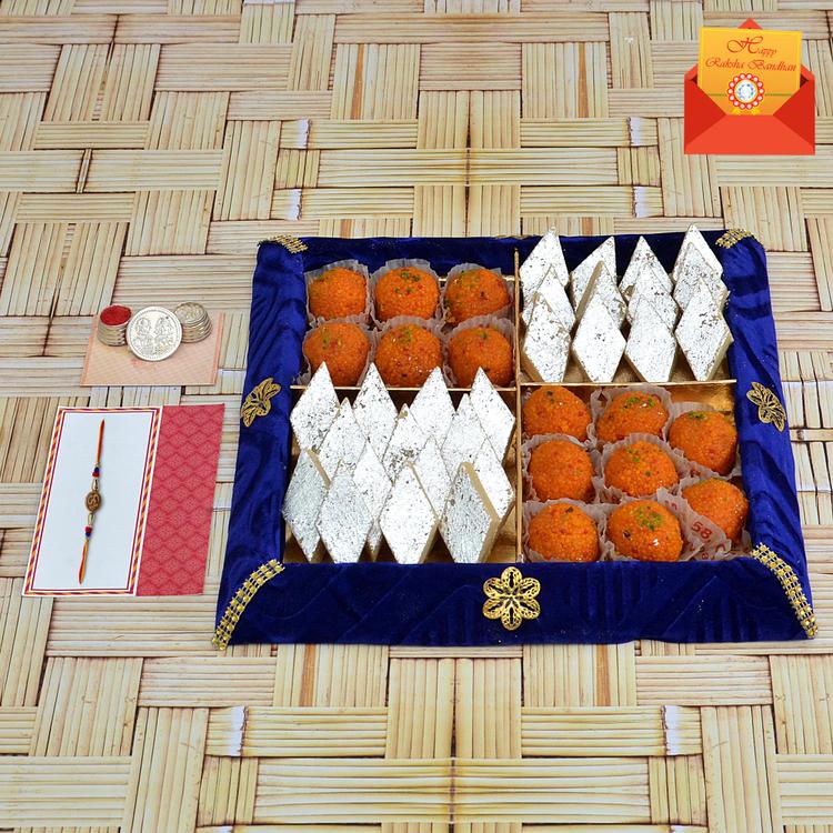Motichur Laddoo & Kaju Barfi Thali & Rakhi