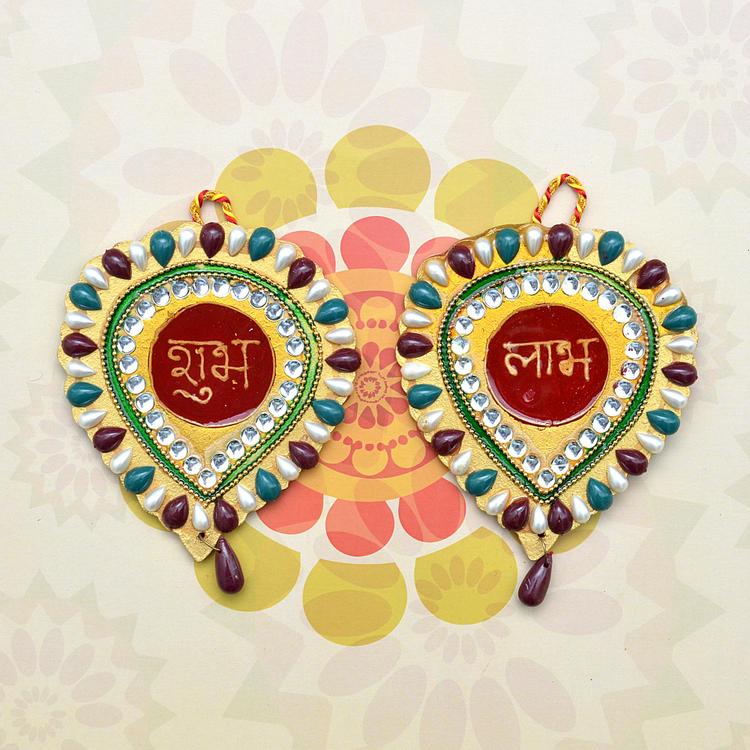 Wooden Subh Labh - Colorful Motis