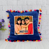 Personalized Pom Pom Blue Pillow