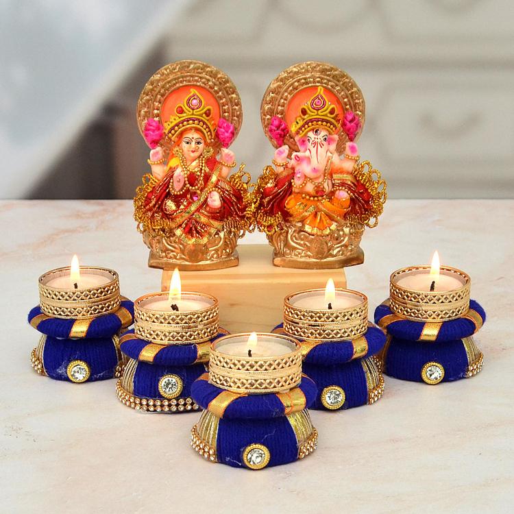 Mitti Laxmi Ganesh with Purple Set of 5 Diya