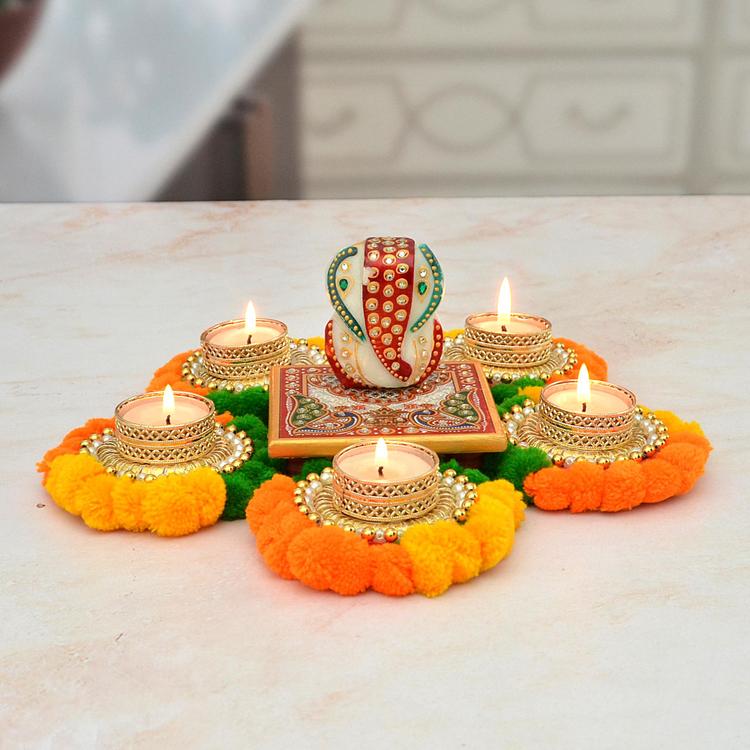 Ganesha on Peacock Chowki & 5 Diya