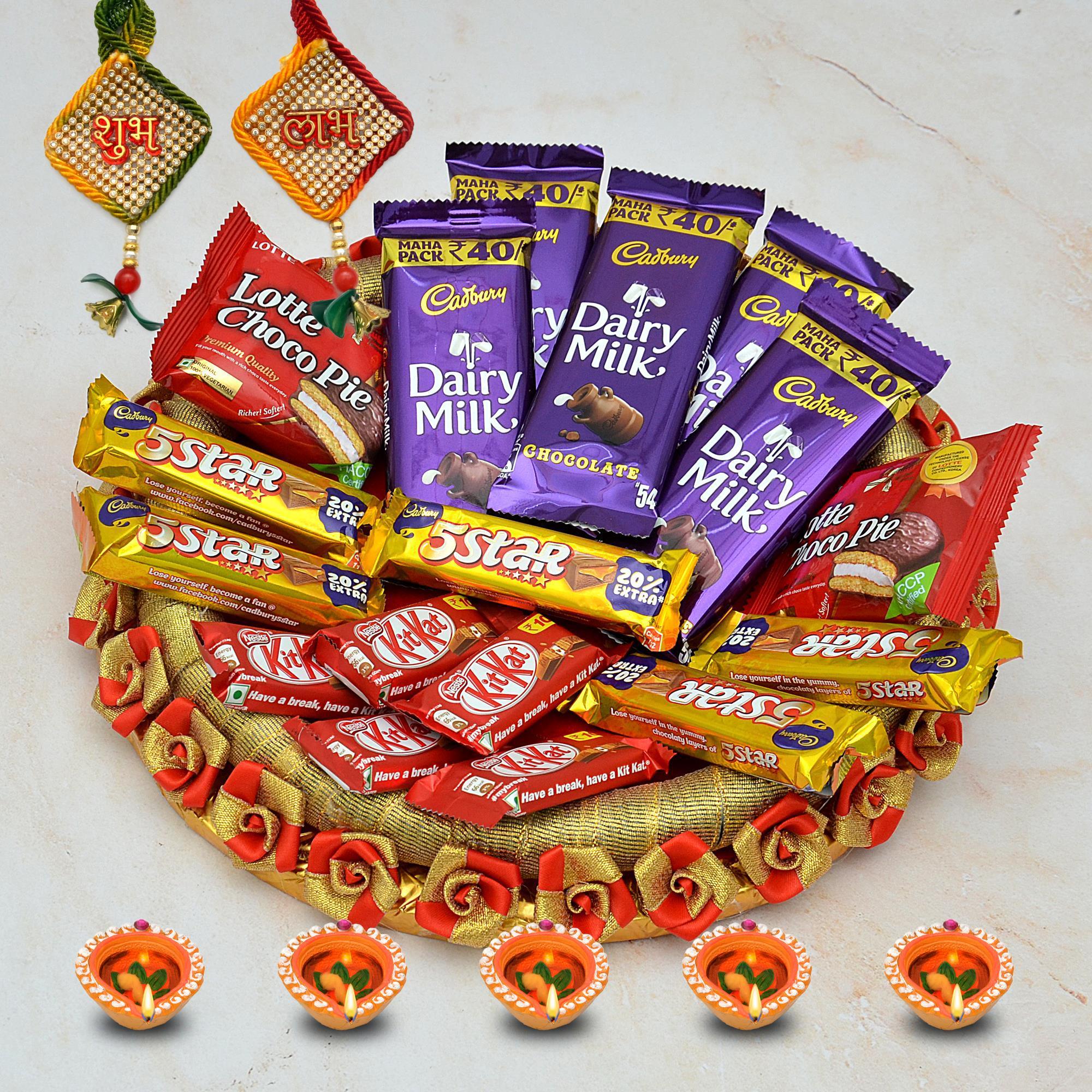 Dairy Milk, Kit Kat & Five Star in a Thali Diwali Gifts