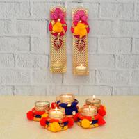 6 Pcs Decorated Diya with 2 Set of Stand Diya