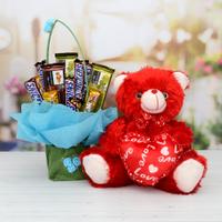 Chocolates Bouquet in a Basket with Red Teddy