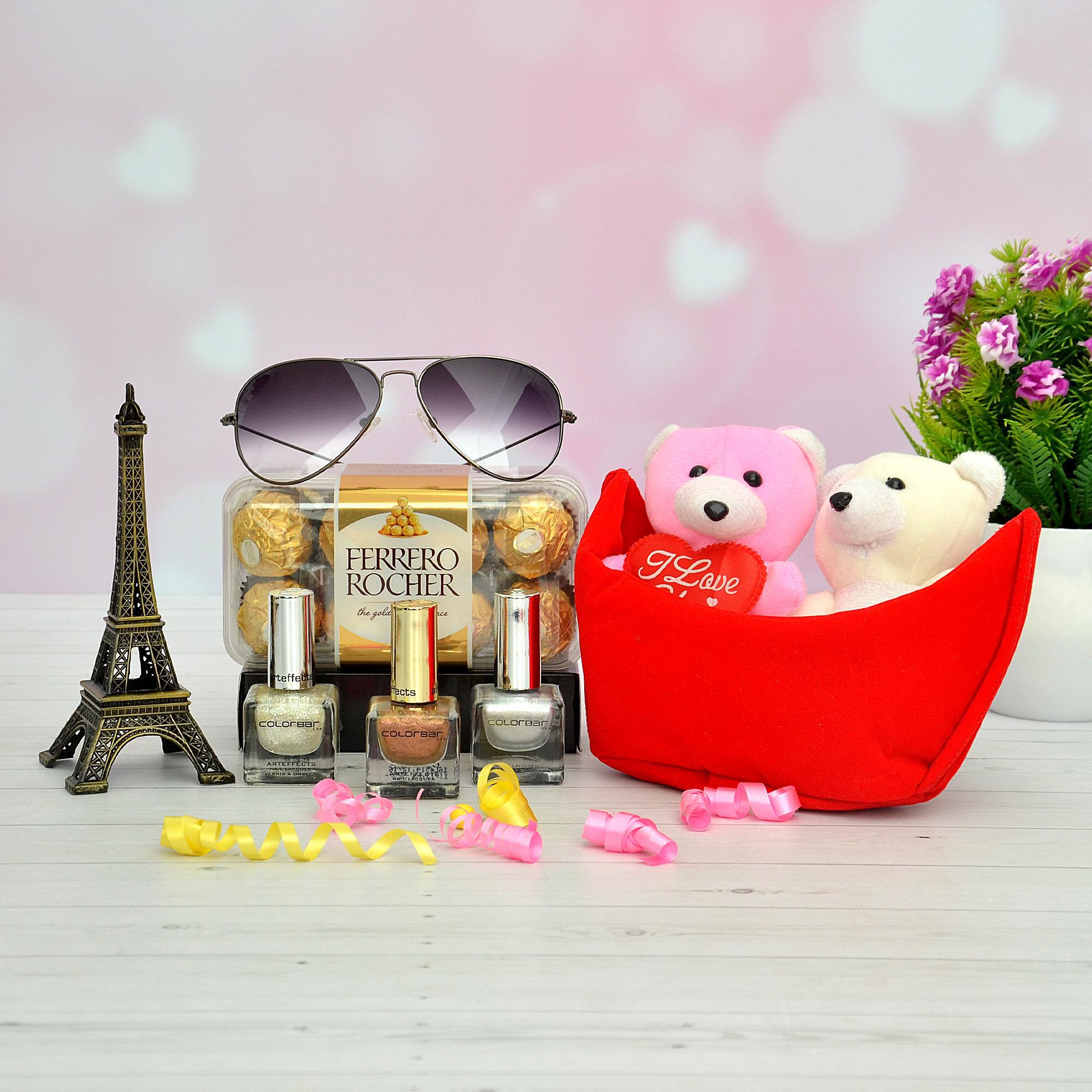 Cute Teddy with Chocolates and Sunglass Gift Baskets
