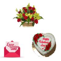 12 Red Roses Basket, Cake & Card