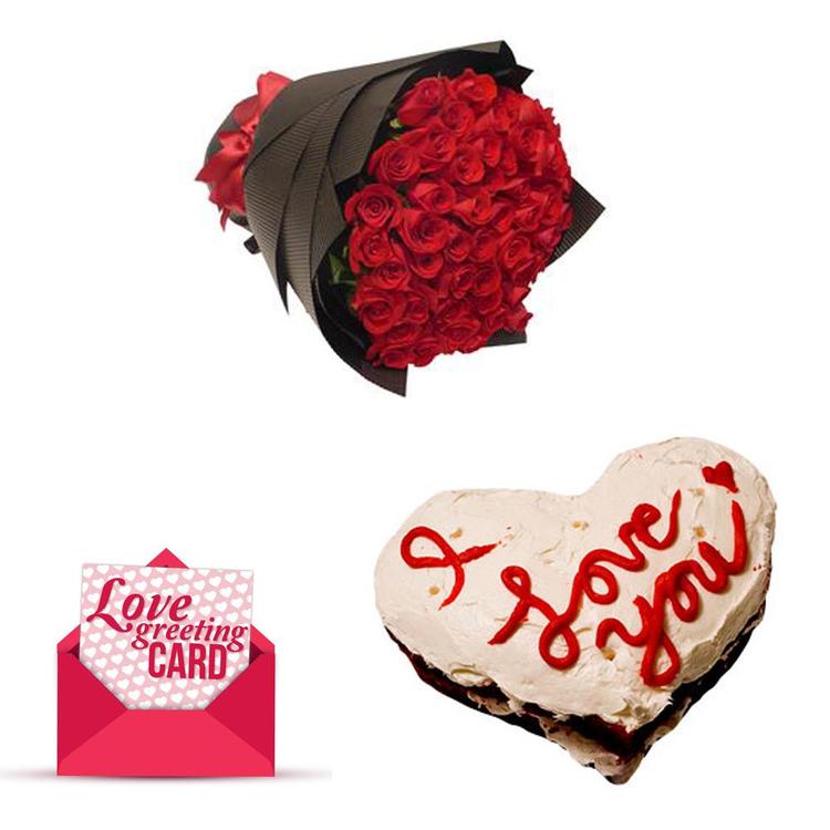 50 Roses Bouquet, Cake and Card
