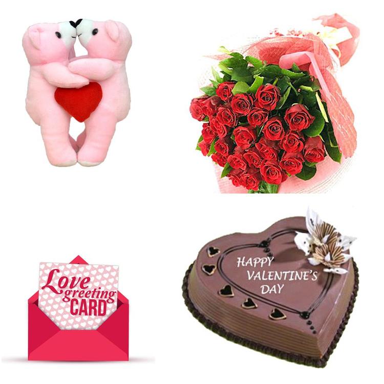 Roses Bunch, Cake, Kiss Teddy & Card