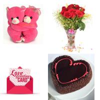 Roses in Vase, Cake, Card & Teddy