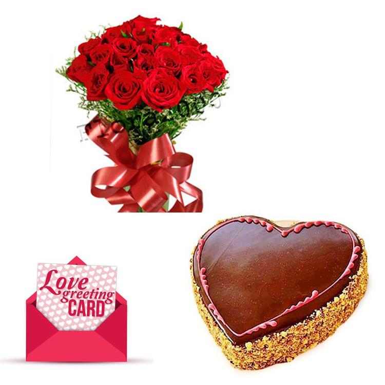 50 Red Roses, Cake with Love Card