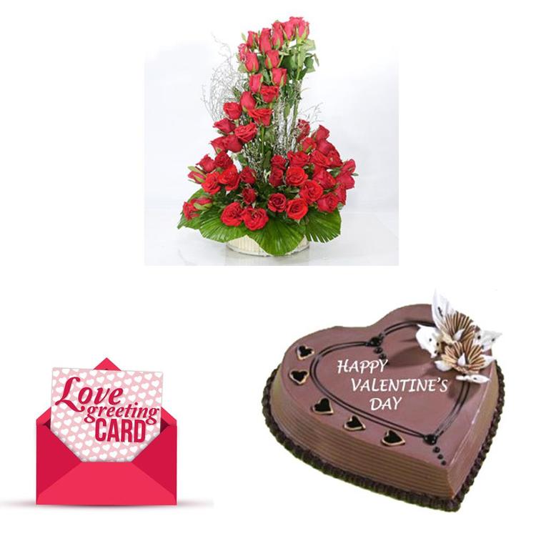 50 Rose Tall Basket, Cake & Card