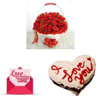 100 Red Roses Basket, Cake with Love Card