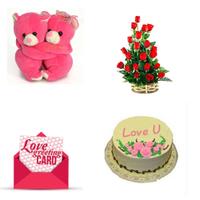 Rose Basket, Cake, Teddy & Card