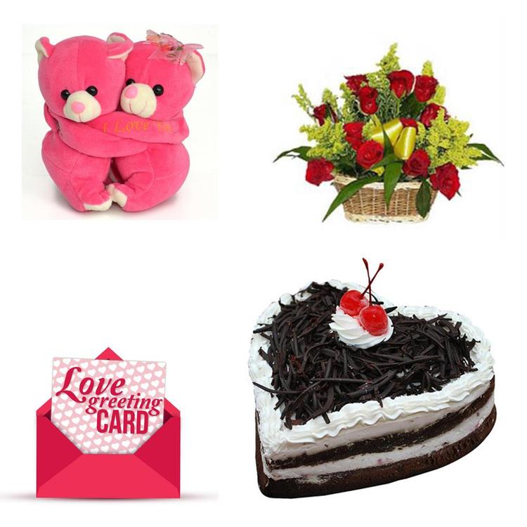Roses, Cake, Hugg Teddy & Card
