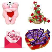 Roses Basket, Chocolates & Kiss Teddy