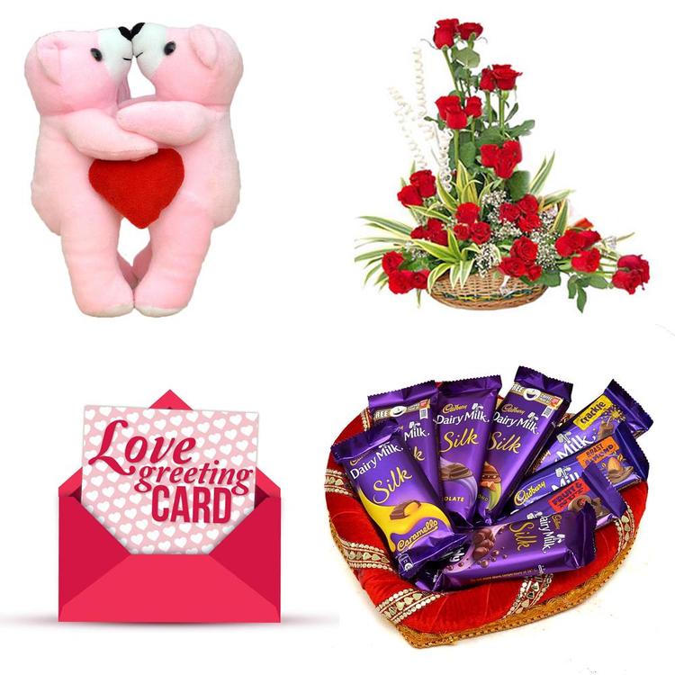 Roses Basket, Chocolates & Kiss Teddy