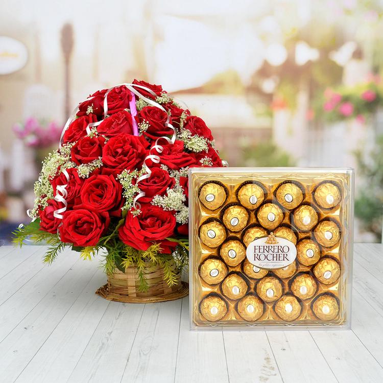50 Roses Basket & Ferrero