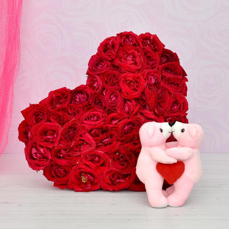 50 Red Roses with Kiss Teddy