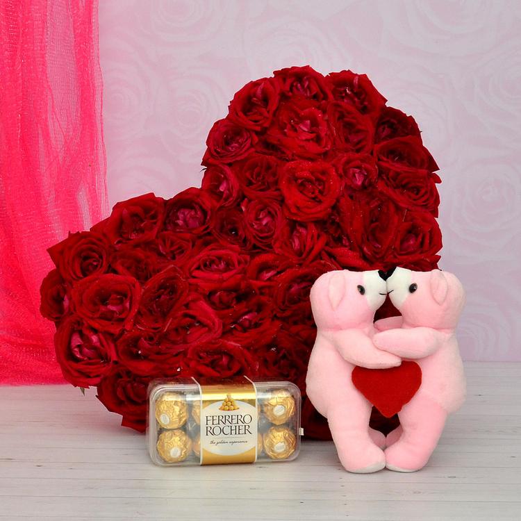 50 Red Roses with Kiss Teddy & Ferrero Rocher