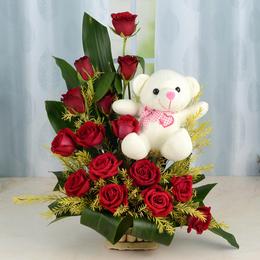 15 Red Roses Basket with Teddy