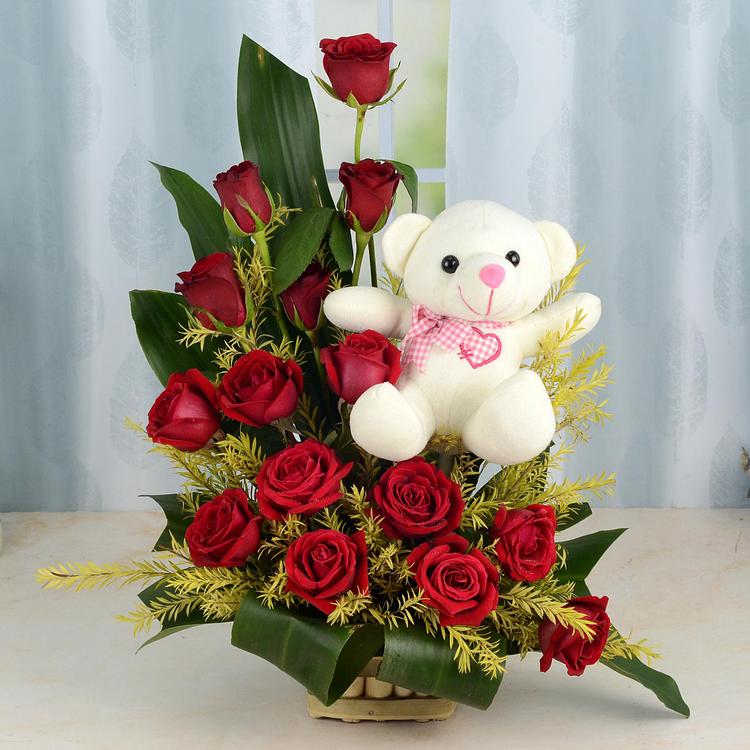 15 Red Roses Basket with Teddy 