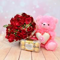 24 Red Roses with Teddy & Ferrero Rocher