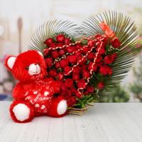 150 Roses in Heart Shaped Arrangement with Teddy
