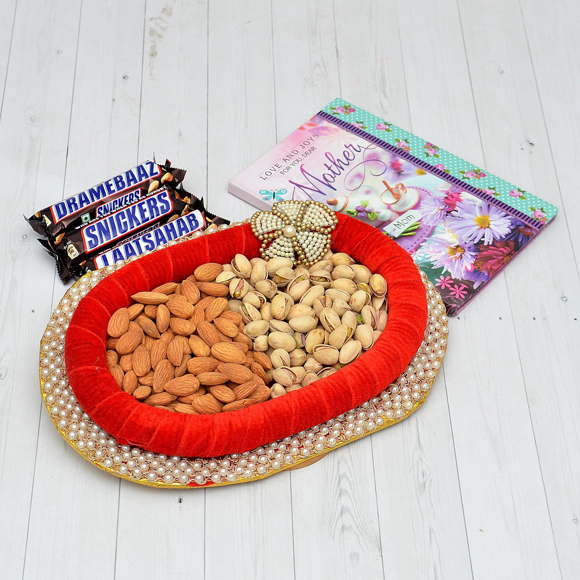 Almond And Pista In Oval Thali And Card Ts For Mom