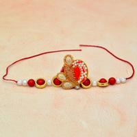 Red and Golden Zardosi With Beads Rakhi