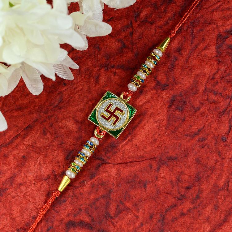 Red & Green Metallic Stones Swastik Rakhi