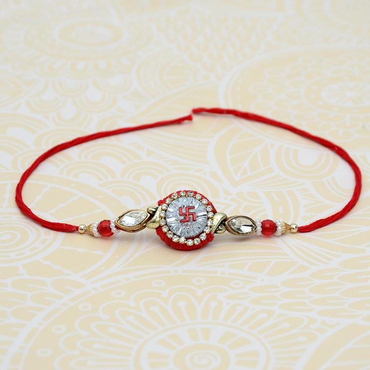 Red Stone and Beads Swastik Rakhi