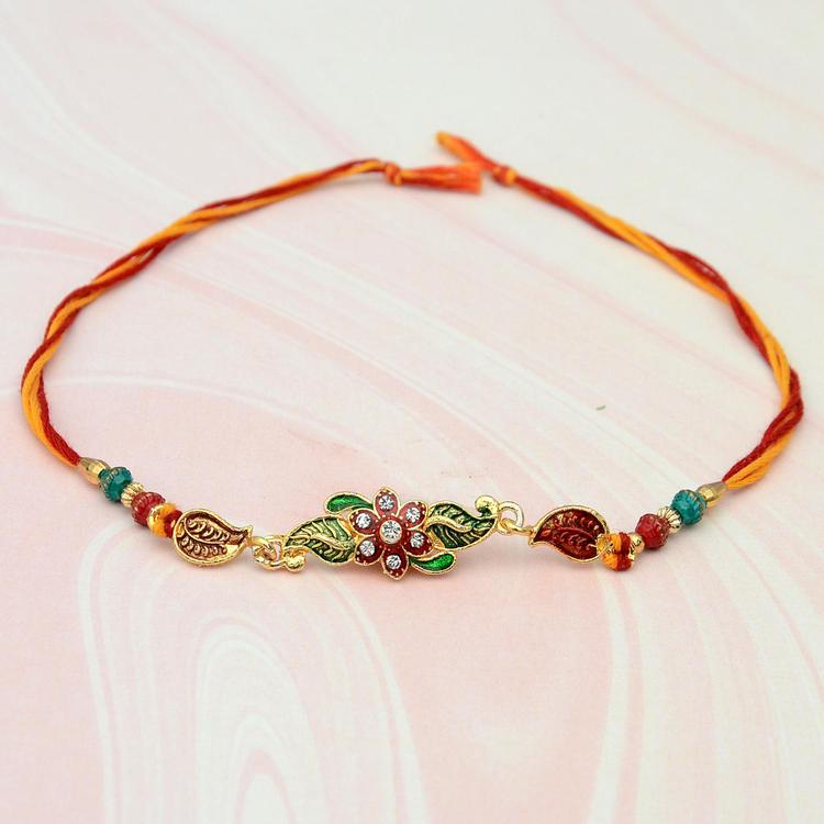 Yellow Metal Flower & Stones Rakhi
