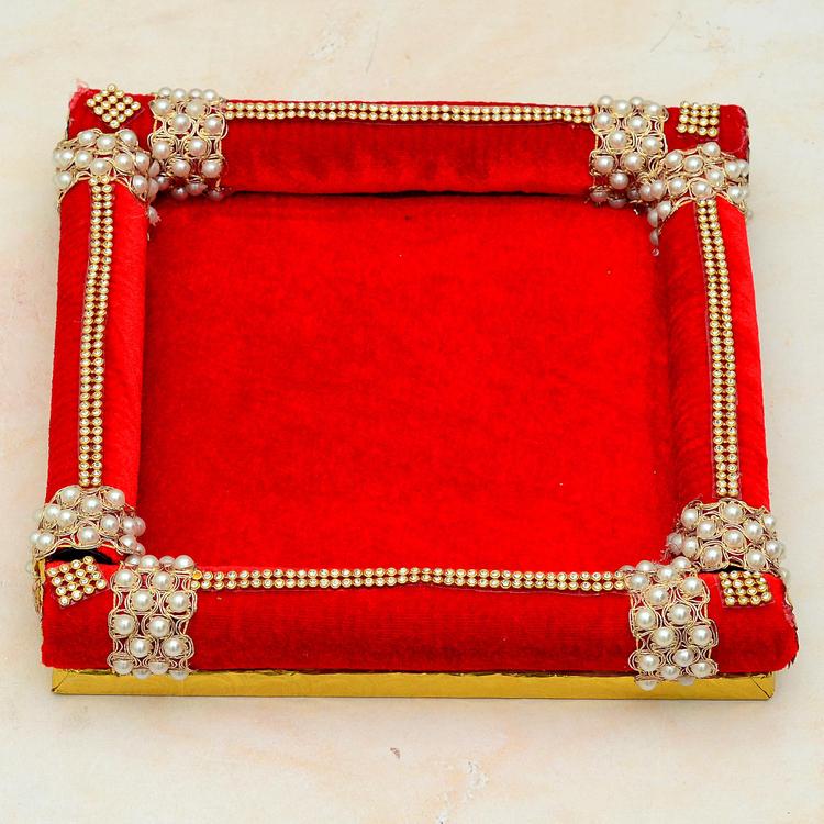 Red Color Velvet Stones Work Square Thali