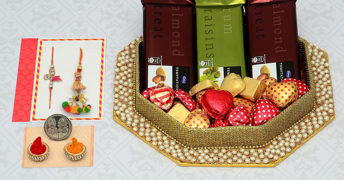 Rakhi Chocolate Thali 3 Pcs Temptation With 250gm Handmade Chocolates