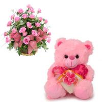 Pink Roses and Teddy Combo