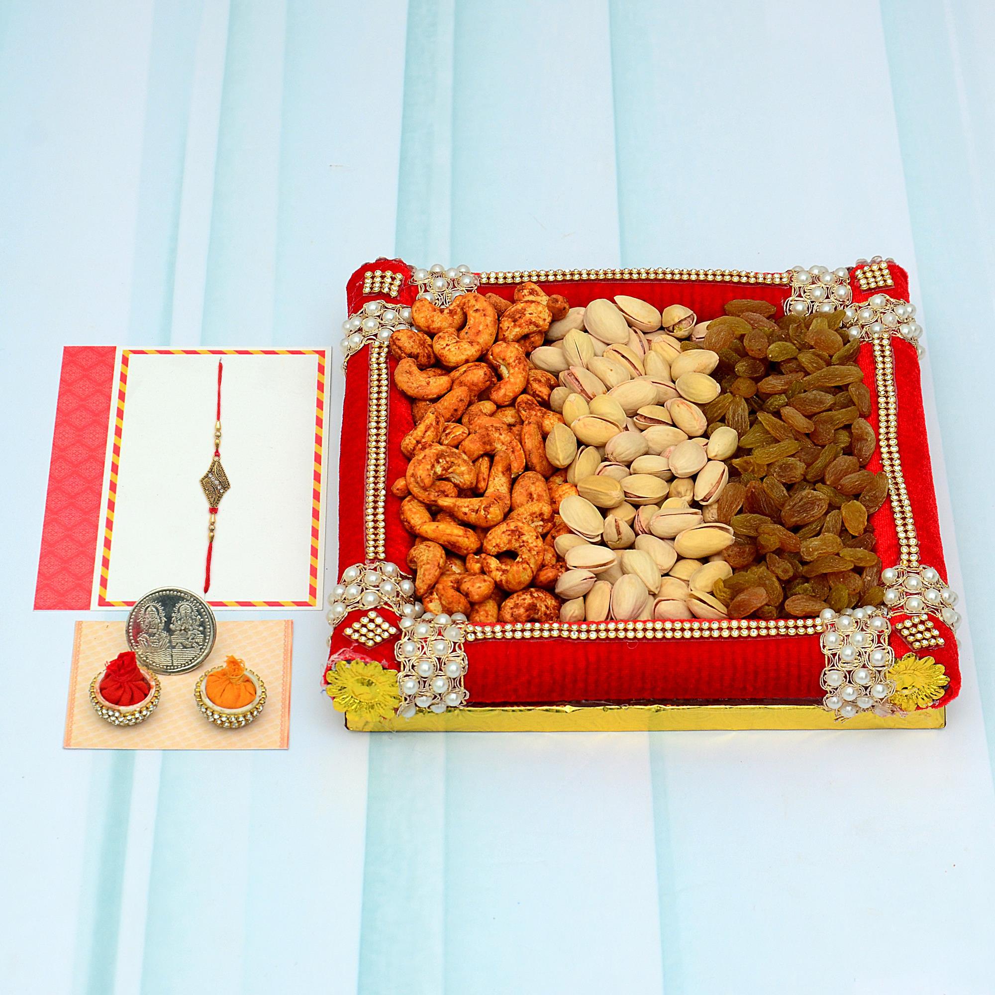 Rakhi Dry Fruits Thali 300gm Pista, Raisins, Chili Masala Kaju in a