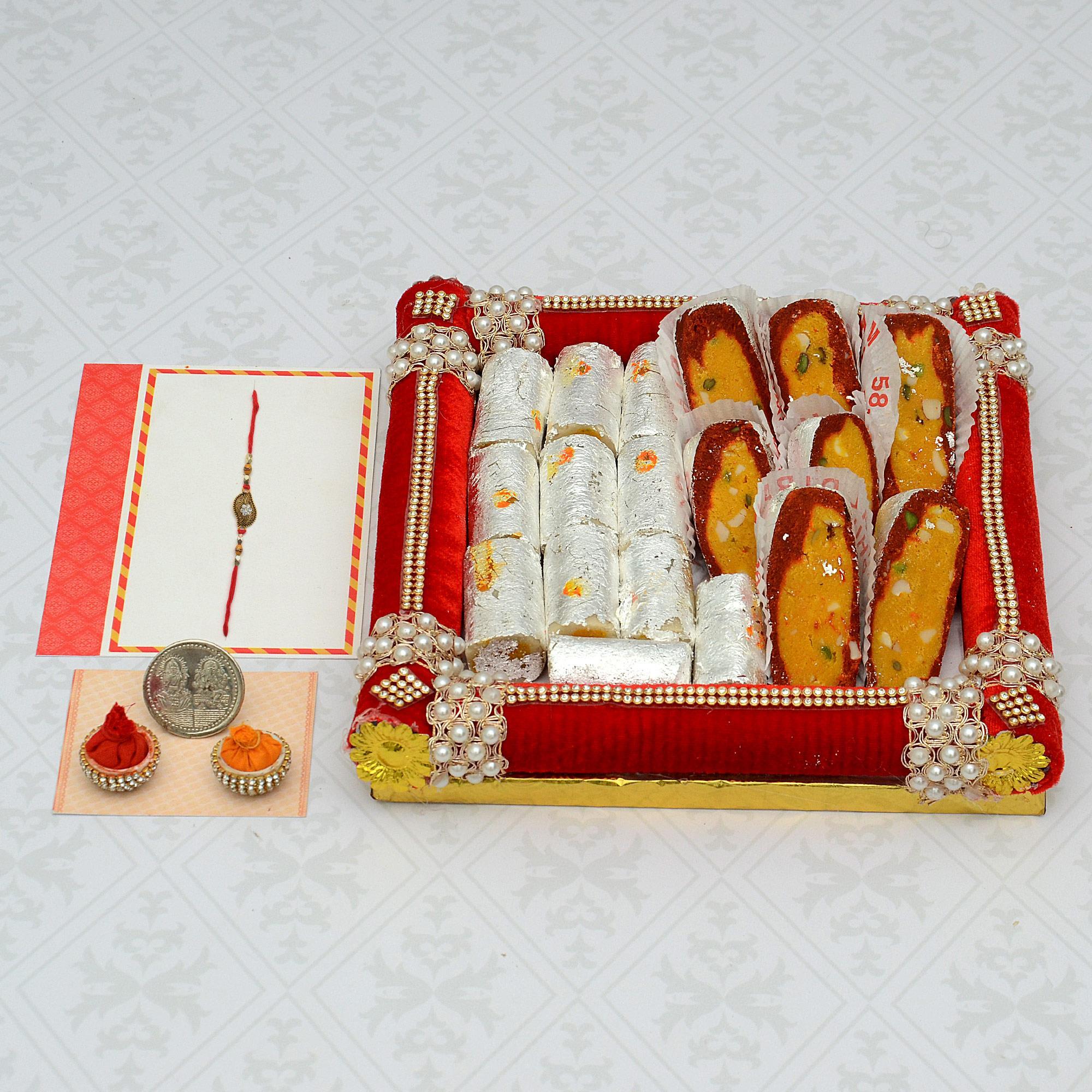 Rakhi Sweets Thali Kaju Roll And Mawa Kalam In A Thali And Rakhi Sweets