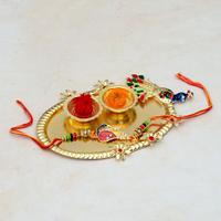 Puja Thali - Golden Peacock Thali with Peacock Rakhi