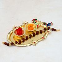 Golden Peacock Thali & Rudraksh Bracelet Rakhi
